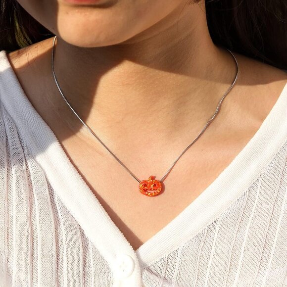 Halloween Ghost Pumpkin Opal Necklace, 925 Sterling Silver White Orange Fire Opa - Picture 5 of 6